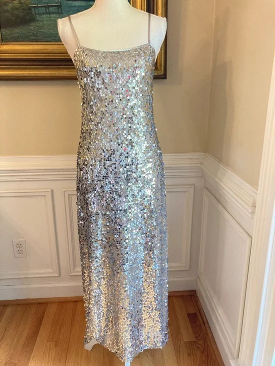 H&M Silver Sequin Cami Slip Midi Dress NWT - Picture 1 of 8